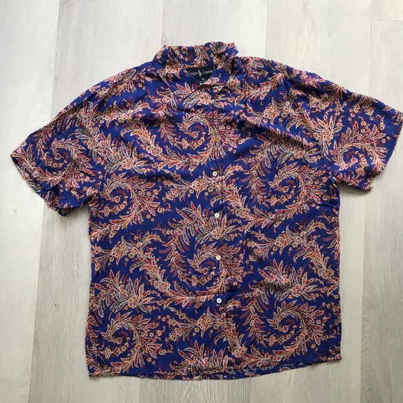 VINTAGE RALPH LAUREN CAMP SHIRT BLUE PAISLEY SHORT SLEEVE BUTTON WOMENS 14 - Picture 6 of 8